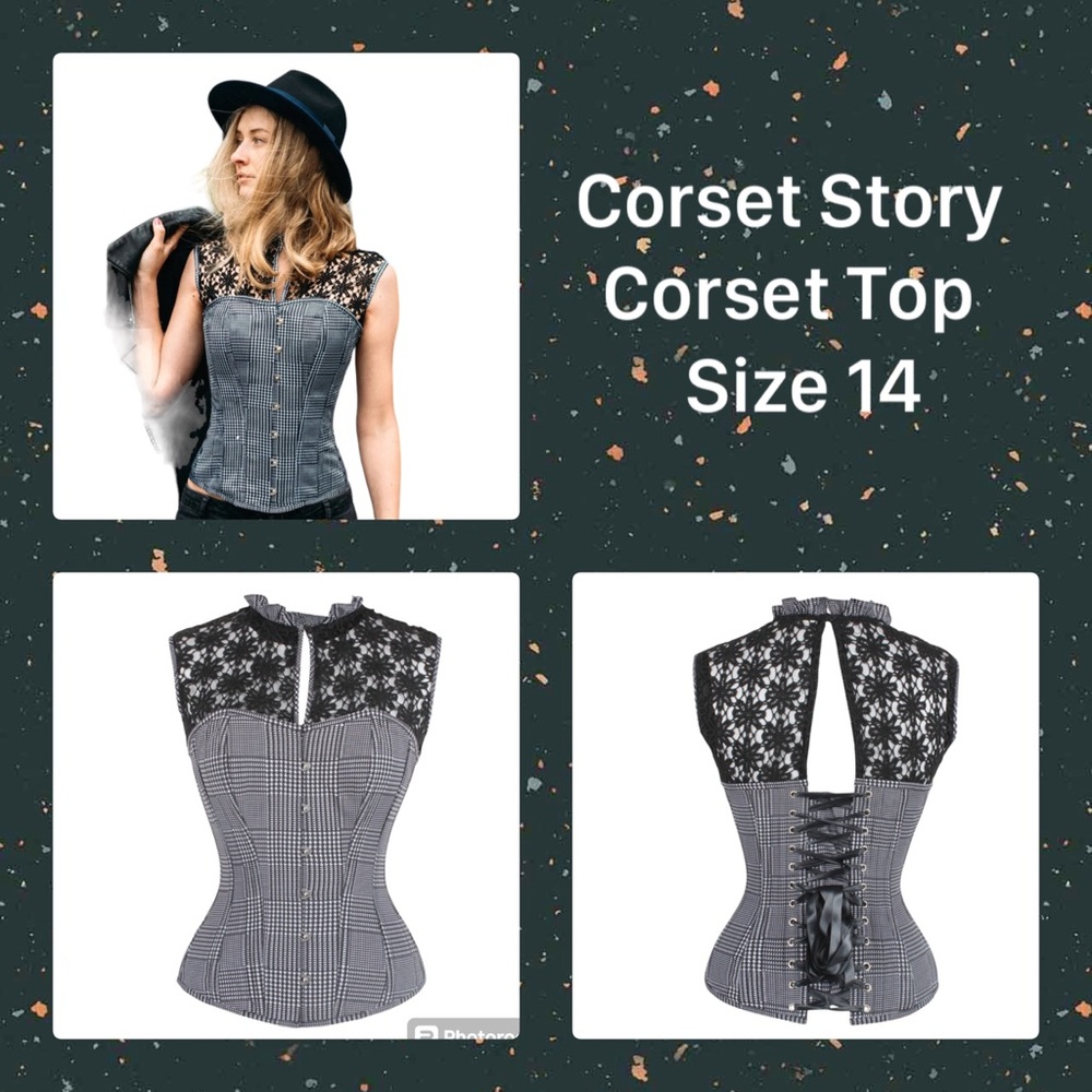 New HOUNDSTOOTH AND CROCHET CORSET TOP Size 14